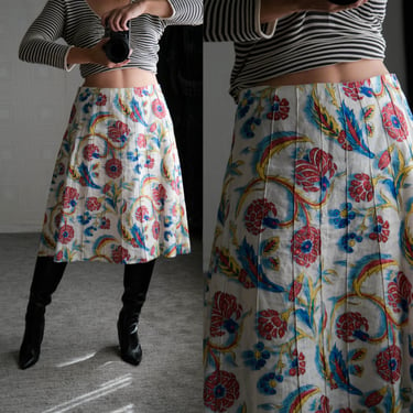 Vintage CELINE PARIS Phoebe Philo Era Botanical Watercolor Print Linen Skirt | Made in France | 100% Linen | Y2K 2000s Designer Linen Skirt 