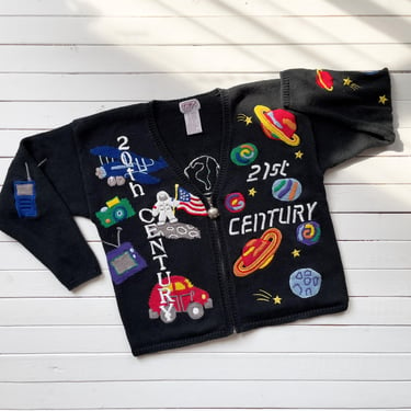 embroidered cardigan sweater 90s vintage PBJ Sport futuristic outer space novelty print sweater 