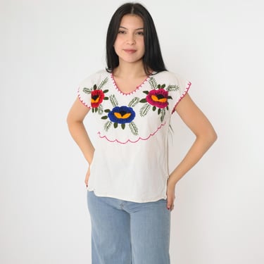 Vintage Mexican Floral Blouse 90s White Embroidered Top Peasant Hippie Short Sleeve Tent Shirt Summer Boho Festival 1990s Medium M 