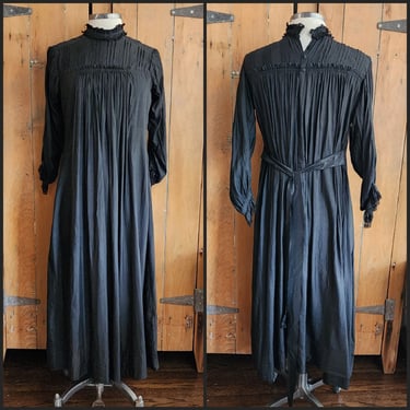 1910s Black Day Dress Long Sleeves Pleated Cotton Edwardian M 