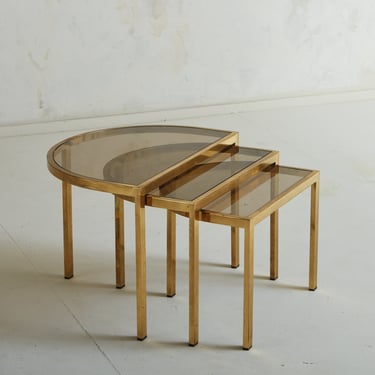 Trio of Brass + Smoked Glass Demilune Nesting Tables, France 1970s