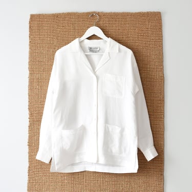 vintage linen shirt jacket, white button front top with pockets 