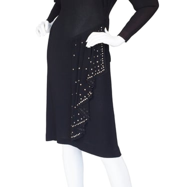 1940s Vintage Silver Studded Black Rayon Crepe Evening Dress Sz S 