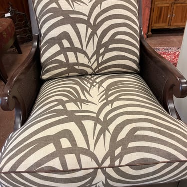 Wood & Woven Rattan Arm Chair from William Sonoma with Schumacher Zebra Palm Fabric
