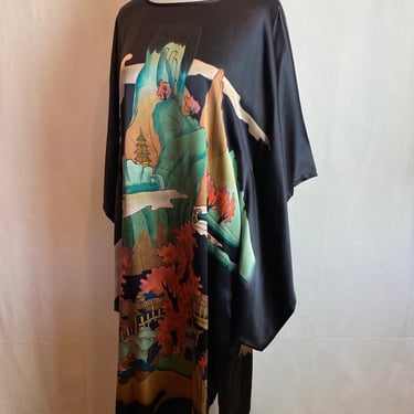 Beautiful 100% silk kimono style dress~ silky black painted Asian scenic silkscreen print mountains sky colorful organic design open size XL 