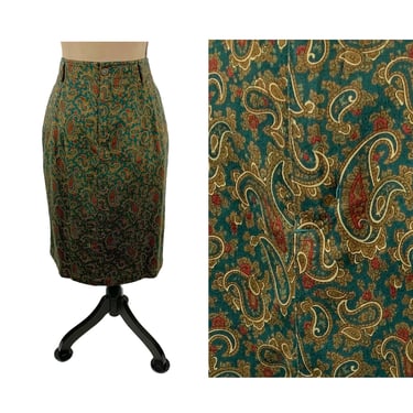 M 90s High Waist Pencil Skirt Medium, Paisley Print 100% Cotton Midi Skirt with Pockets & Belt Loops, 1990s Clothes Women Vintage LIZSPORT 