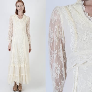 Cream Prairie Wedding Dress / Vintage 70s Sheer Floral Lace Bridal Grown / Simple Ivory Bridesmaids Lawn Maxi Frock 