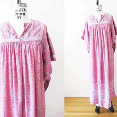 Vintage 80s Indian Maxi Dress S M - 1980s Pink Blue Paisley Print Cotton Long Bohemian Dress 