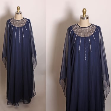 1970s Navy Blue Sleeveless Full Length Polyester Plus Size Dress with Matching Silver Spiderweb Detail Sheer Draped Caftan Cape -1XL 