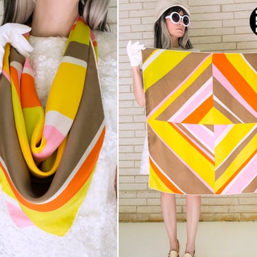 Large Statement Scarf - Vintage 60s 70s Yellow Gold Pink Orange Geometric Patterned Square Scarf by Echo 
