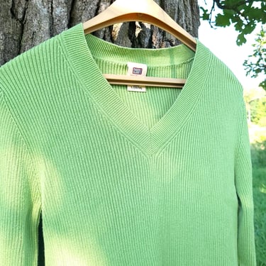 Vintage 1990's Green Ribbed V-Neck Sweater Shirt / Medium to Large 