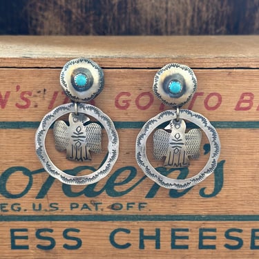 YAZZIE THUNDERBIRD Sterling Silver and Turquoise Statement Earrings| Fred Harvey Era Style Bird Dangle Earrings | Native American Navajo 