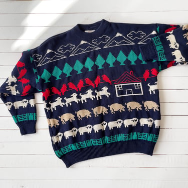 cute cottagecore sweater | 80s 90s vintage Kotare New Zealand navy wool sheep pig farm animal country intarsia sweater 