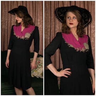 Dress - Striking Black Rayon Crepe Color Block 40s Day Dress in with Fuchsia Yoke and Floral Beadwork 