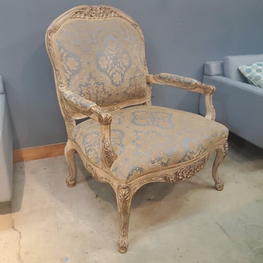 Calico Corners Louis XV Fauteuil Chair with Gold and Blue Upholstery (2 Available)