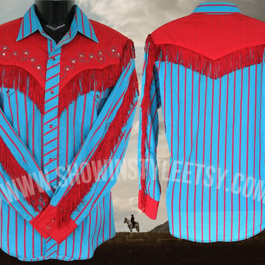 Vintage Retro Western Men's Cowboy & Rodeo Shirt by Circle  T, Blue and Red with Fringe and Rhinestones, Tag Size Medium (see meas. photo) 