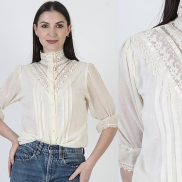 Gunne Sax Blouse, Jessica McClintock Tunic, Victorian Gunnies Top, Cream Button Up Shirt 