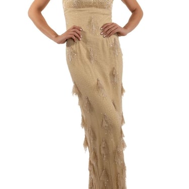 1990S Cream Beaded Silk Lace Empire Waist Tassel Gown 