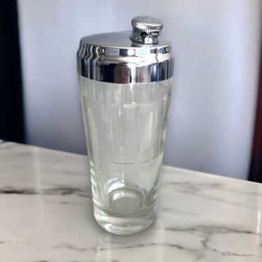 Vintage Art Deco Cocktail Shaker Etched Glass "Ours" Two Drink Cocktail Shaker 