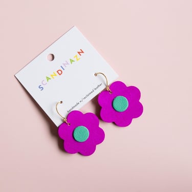 Juicy Blooms Flower Earrings in Electric Purple + Cerulean Green - Lightweight & Made from Reclaimed Leather 