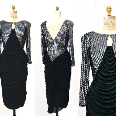 70s 80s Vintage Black Stretch Disco Sequin Dress Medium// 70s 80s Black Metallic Sequin Sexy Knit Dress 70s Disco Party Body Con Dress 