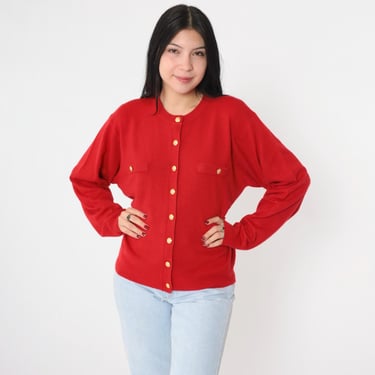 Vintage Red Cardigan 90s Gold Button up Acrylic Knit Preppy Sweater Plain Basic Solid Retro Grunge Acrylic Knitwear 1990s Large 