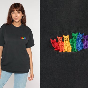 Rainbow Cat Shirt Graphic Embroidered Tee Vintage Shirt 90s Tshirt Retro T Shirt Print 1990s Animal Shirt Faded Black Shirt Hanes Large 