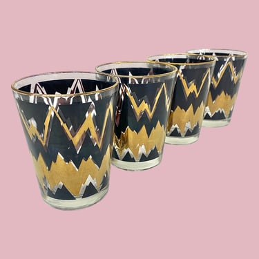 Vintage Whiskey Glasses Retro 1960s Mid Century Modern + Black and Gold + Zig Zag Pattern + Set of 4 + Rocks or Old Fashioned Glasses + Bar 