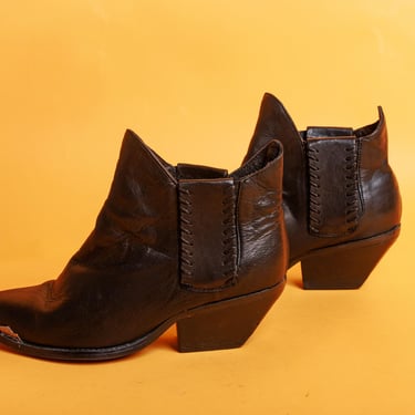 90s Black Genuine Leather Ankle Boots Vintage Western Wooden Heel Cowboy Boots 