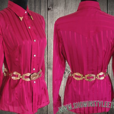 H Bar C, California Ranchwear Vintage Western Women's Cowgirl Shirt, Rodeo Blouse, Dark Pink, Approx. Size Small (see meas. photo) 