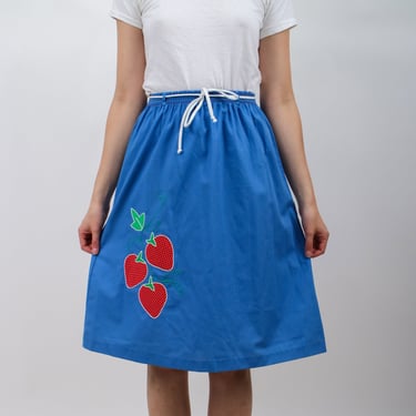 1970s Cotton Novelty Blue and Red Strawberry Appique Skirt