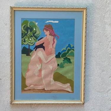 Framed Needlepoint Nude, Woman Embracing, Greens and Blues 
