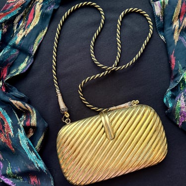 Fabulous Brass Box Purse, Shiny Ribbed Design, Cross Body Braided Cord Strap, Suede Lining, Vintage 70s 80s 