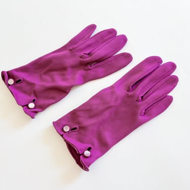 1950s Magenta Vintage Gloves | 50s Magenta Button Cuff Gloves | Medium 