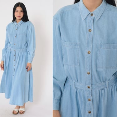 90s Denim Midi Dress Blue Jean Shirtdress Button Up High Waisted Collared 1990s Grunge Normcore Vintage Retro Long Sleeve Pocket Medium 