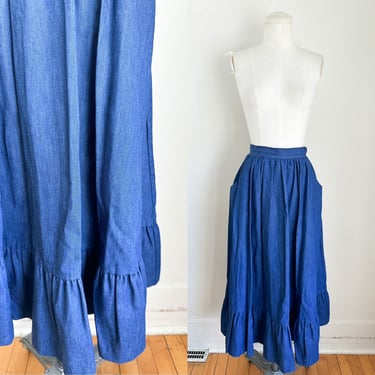 Vintage 1980s Denim Prairie Midi Skirt / 25