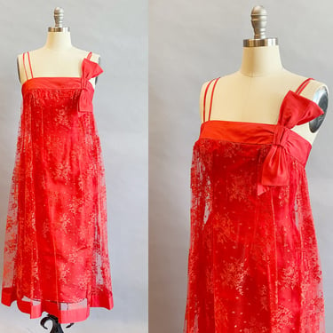 1960s Red Cocktail Dress / Edward Abbot Dress /  1960s Satin and Lace Party Dress / Sexy Red Dress / Size Small 