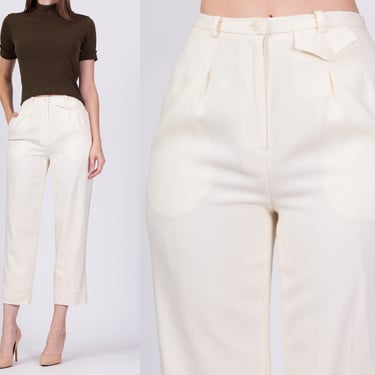 80s White High Waist Pleated Trousers - Petite XS, 25" | Vintage Minimalist Ivory Tapered Leg Pants 