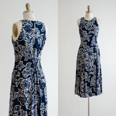 navy midi dress 90s vintage dark blue batik floral cottagecore corset dress 