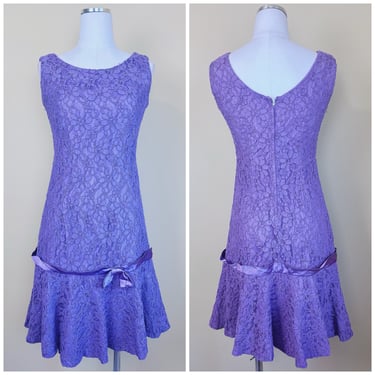 1960s Vintage Purple Lace Drop Waist Dress / 60s / Sixties Mermaid Ruffled Bow Tank Dress / Size Small - Medium 