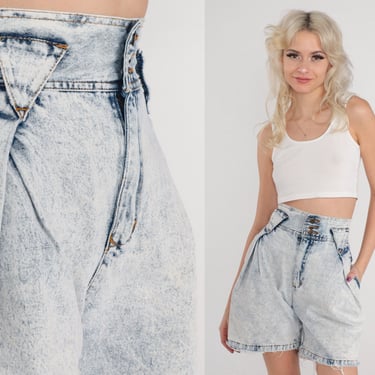 Acid Wash Shorts 80s Denim Shorts Ultra High Waist Rise Jean Shorts Pleated Paper Bag Shorts Retro Eighties Vintage 1980s Extra Small xs 24 
