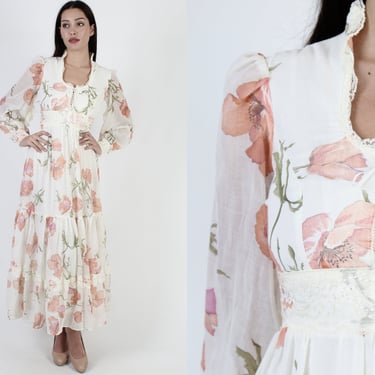 Vintage 70s Romantic Victorian Dress, Floral Voile Corset Lace Angel Sleeve Maxi 