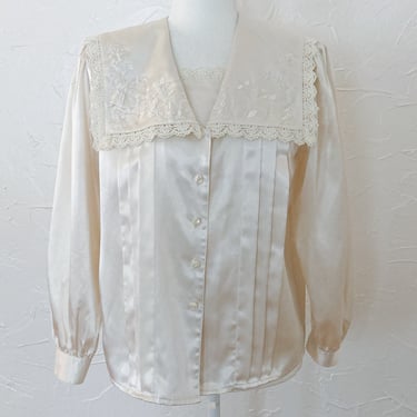 80s/90s Romantic Cream Liquid Satin Lace Floral Sailor Collar Blouse | Medium/Large 