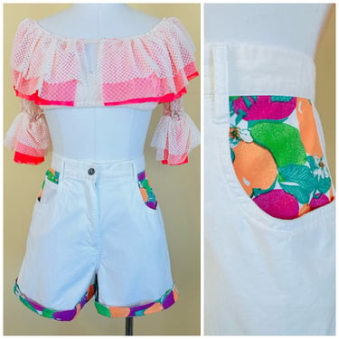 1980s Vintage White Cotton Fruit Print Shorts / 80s Pinup Rainbow Novelty Print High Waisted Shorts / Waist 25