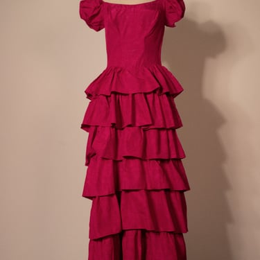 Magenta vintage puff sleeved corsetted ruffled gown 