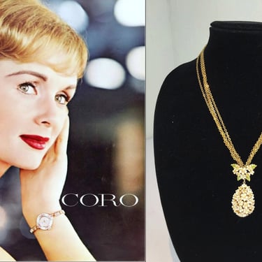 Spring Eggcellence - Vintage 1950s CORO White Enamel on Gold Tone Floral Egg Necklace & Earring Set 
