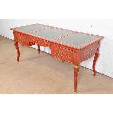 Baker Furniture Hollywood Regency Chinoiserie Red Lacquered Hand Painted Leather Top Bureau Plat Desk