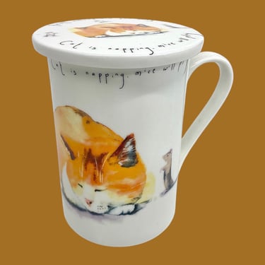 Vintage Kent Pottery Covered Tea Mug Retro 1990s Orange Napping Cat and Mice + White Porcelain + Kitchen + Drinking + Gift For Cat Lover 
