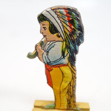 Antique German 1940's  Kid in Native American Dress in Wood Stand, Pressed Embossed Cardboard Stand Up Toy for Vintage Christmas 