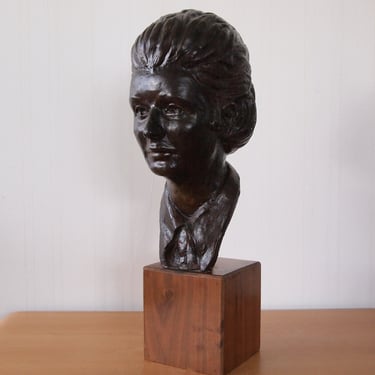 Original Vintage 1970s HARVEY SCHOR BUST Female Woman, 23&quot; High, Plaster Bronze Wood Mid-Century Modern art sculpture portrait eames era 